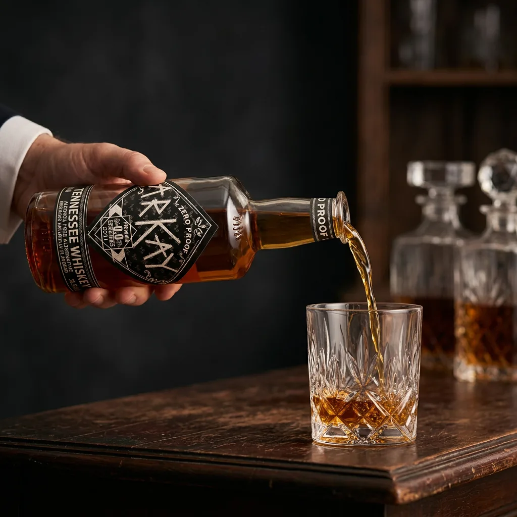 A bartender pours ARKAY Tennessee Whiskey alternative into a crystal glass