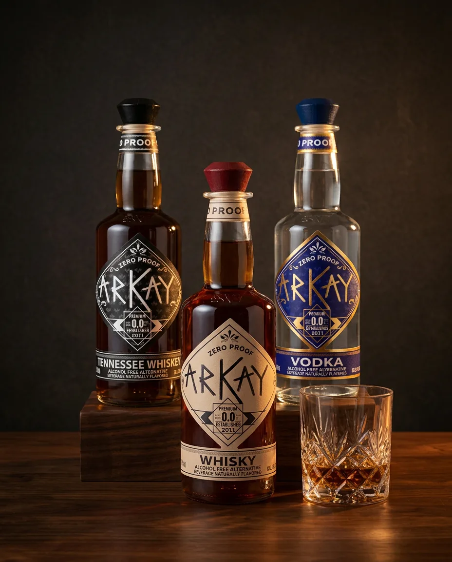 ARKAY zero-proof spirit alternative bottles arranged in a warm still life