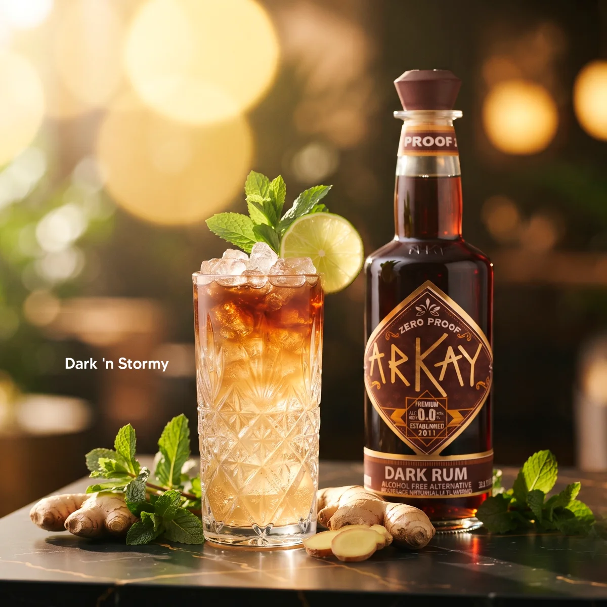 Dark 'n Stormy mocktail made with ARKAY zero-proof dark rum alternative