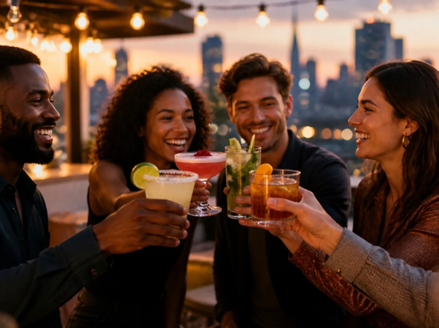 Friends at a rooftop event raising zero-proof cocktails in a toast