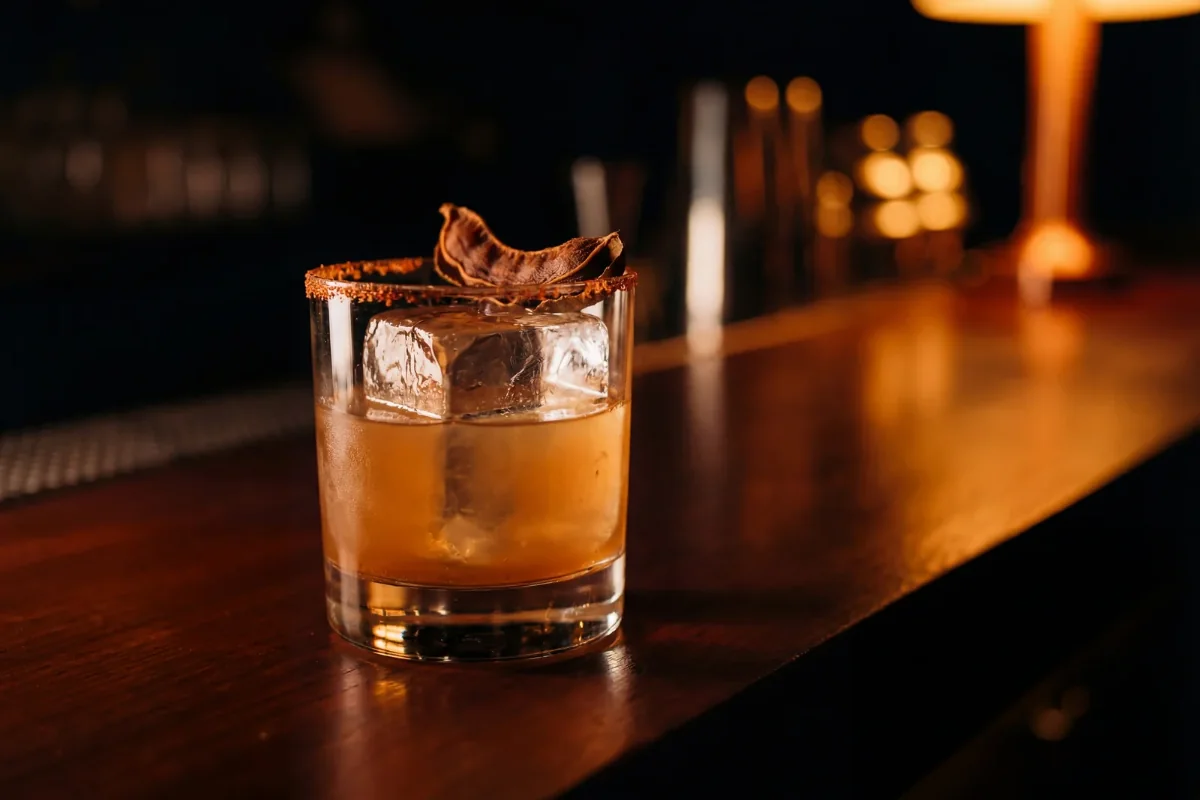 A zero-proof cocktail over a large ice cube with a spiced rim and dried citrus garnish on a dark wood bar