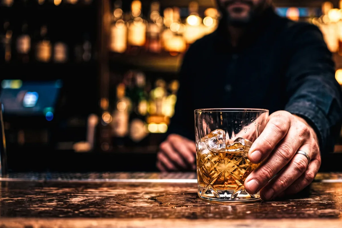 A bartender slides a zero-proof whiskey-style cocktail on the rocks across a dimly lit bar
