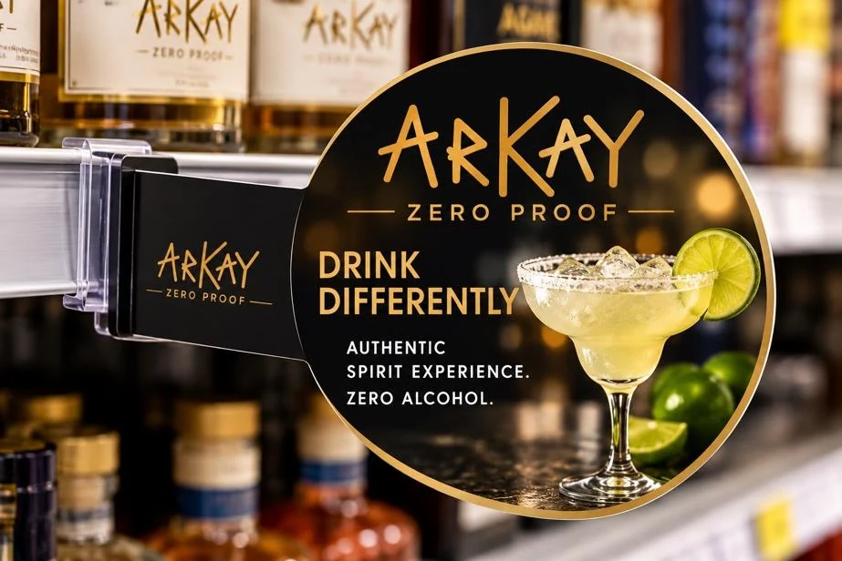 An ARKAY Zero Proof shelf talker on a store shelf reading Drink Differently: authentic spirit experience, zero alcohol