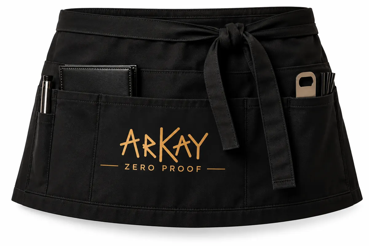 A black waist apron with the ARKAY Zero Proof logo in gold