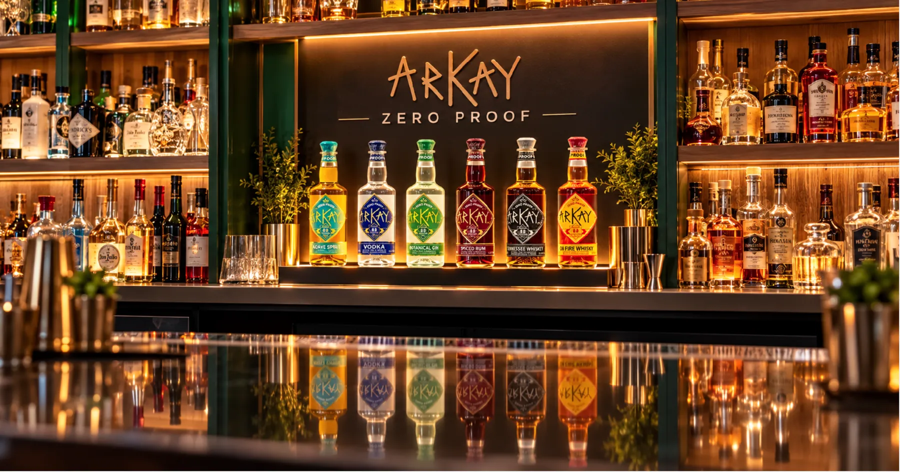 A hotel backbar lit in warm amber light, with a row of ARKAY Zero Proof bottles under an illuminated ARKAY sign