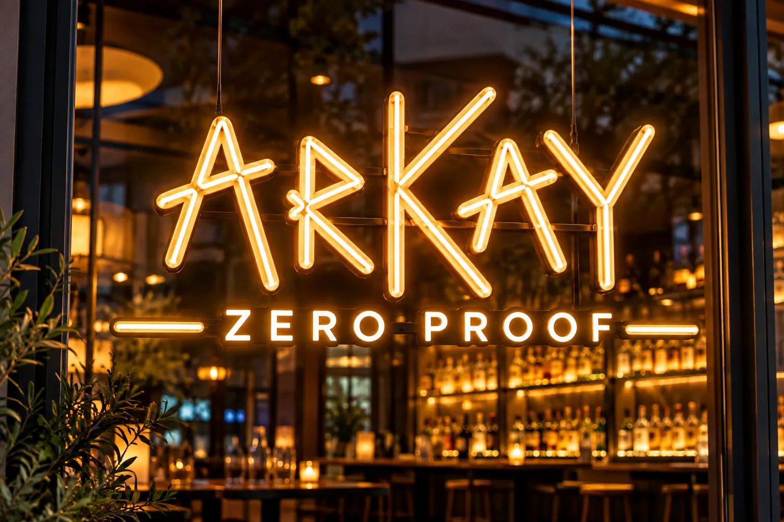 A glowing ARKAY Zero Proof neon sign in a bar window