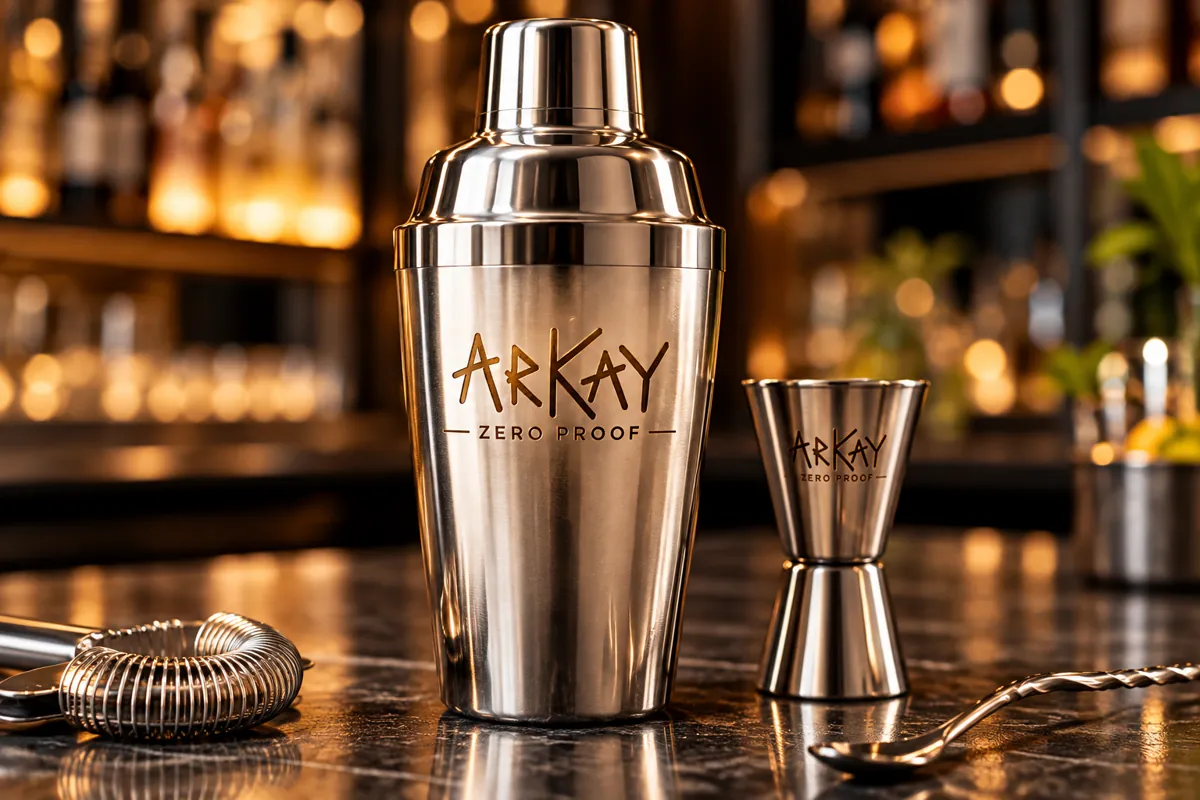 An ARKAY branded cocktail shaker and jigger on a marble bar