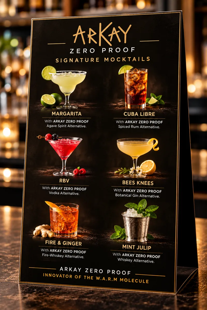 An ARKAY signature mocktails table tent on a bar top