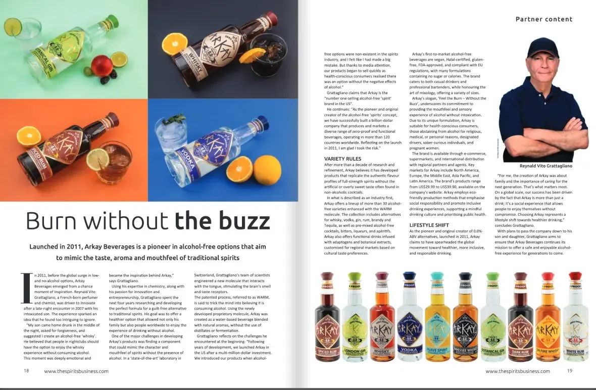 The Spirits Business two-page feature on ARKAY titled Burn without the buzz