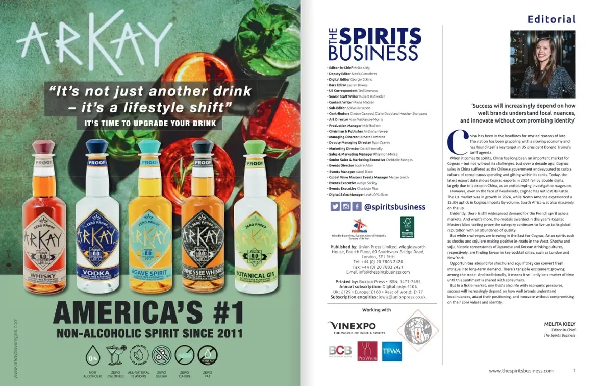 ARKAY advertisement on the inside front cover of The Spirits Business, May issue