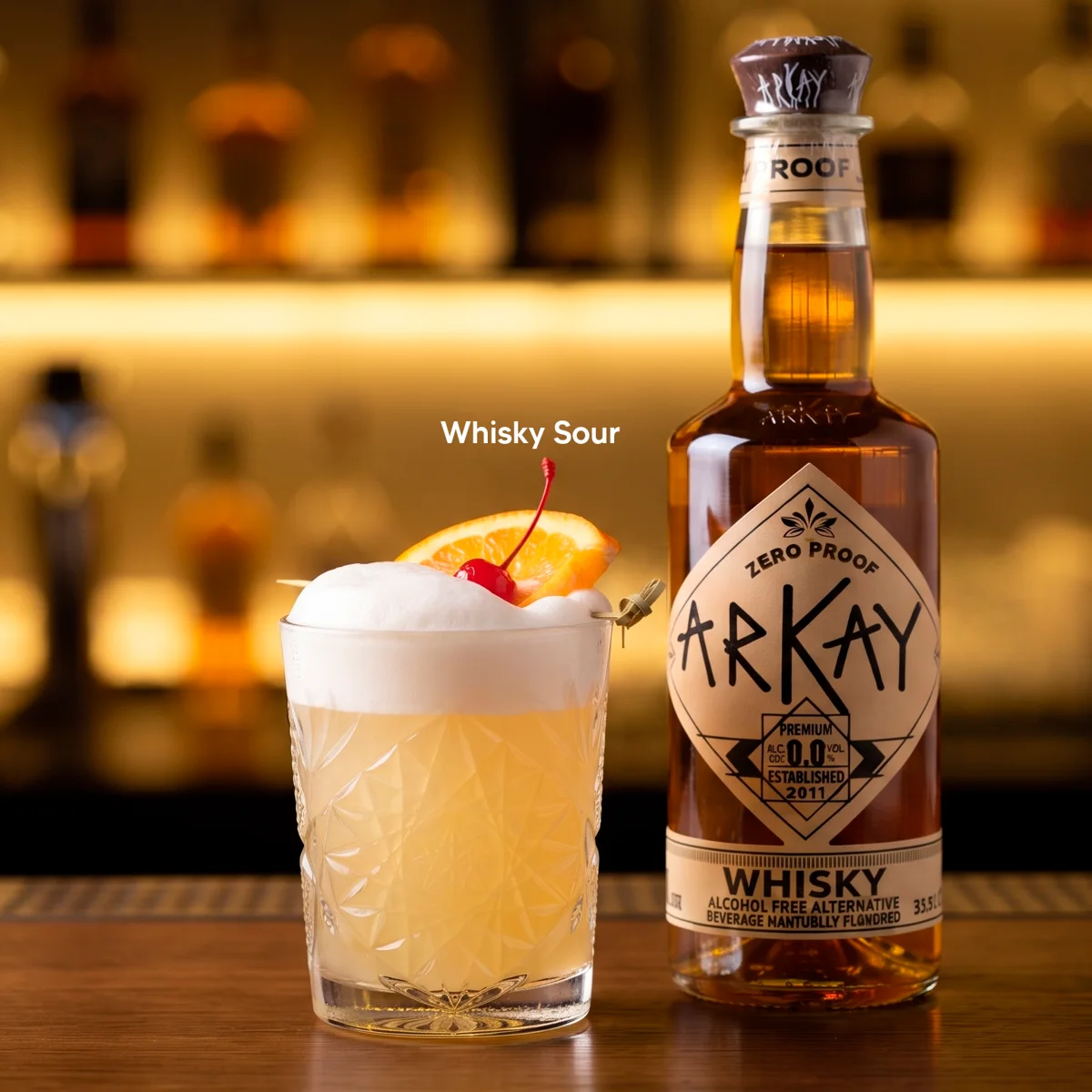 Whisky Alternative sour mocktail served with an ARKAY zero-proof whisky alternative bottle